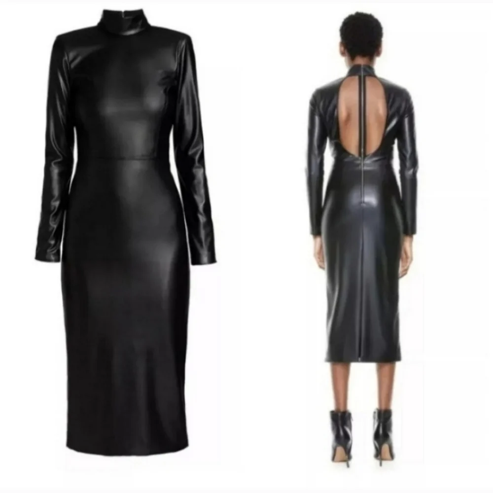 ALICE + OLIVIA DELORA VEGAN LEATHER MOCKNECK MIDI DRESS SIZE 4 - Picture 3 of 15
